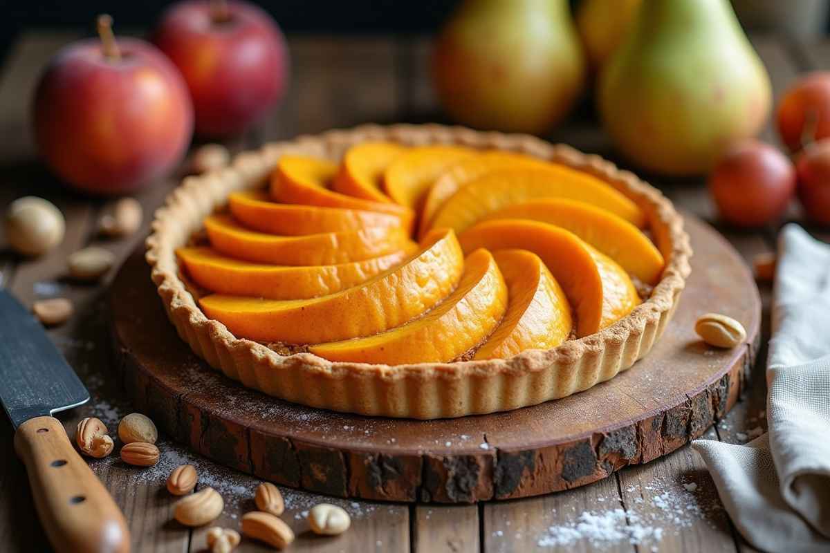 Ingrédients pour tarte aux fruits sur table en bois rustique