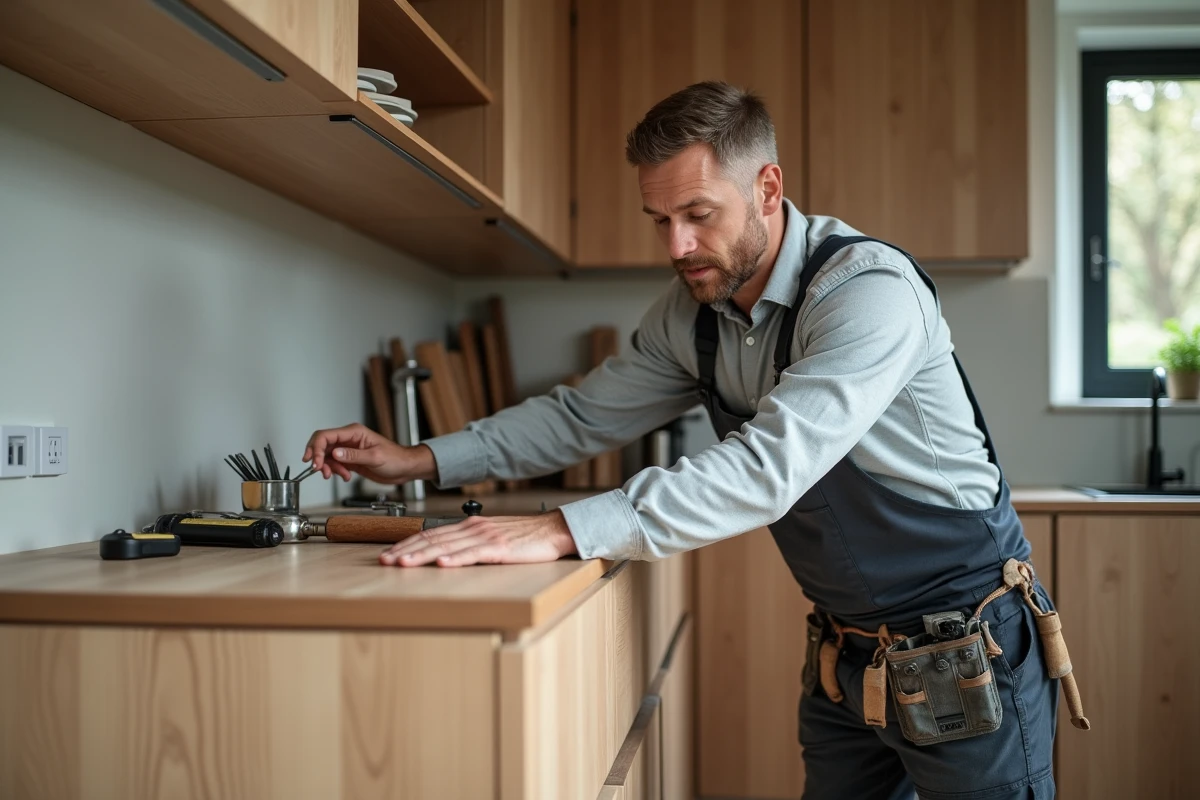 Installateur homme examine joints d’un meuble en bois moderne