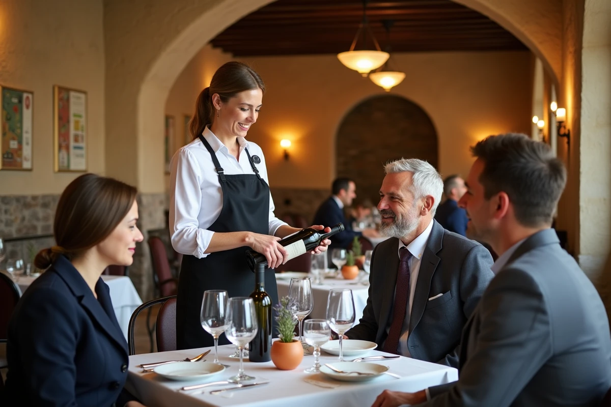 Intérieur d'un restaurant gastronomique de Carcassonne avec voûtes en pierre et service sommelier