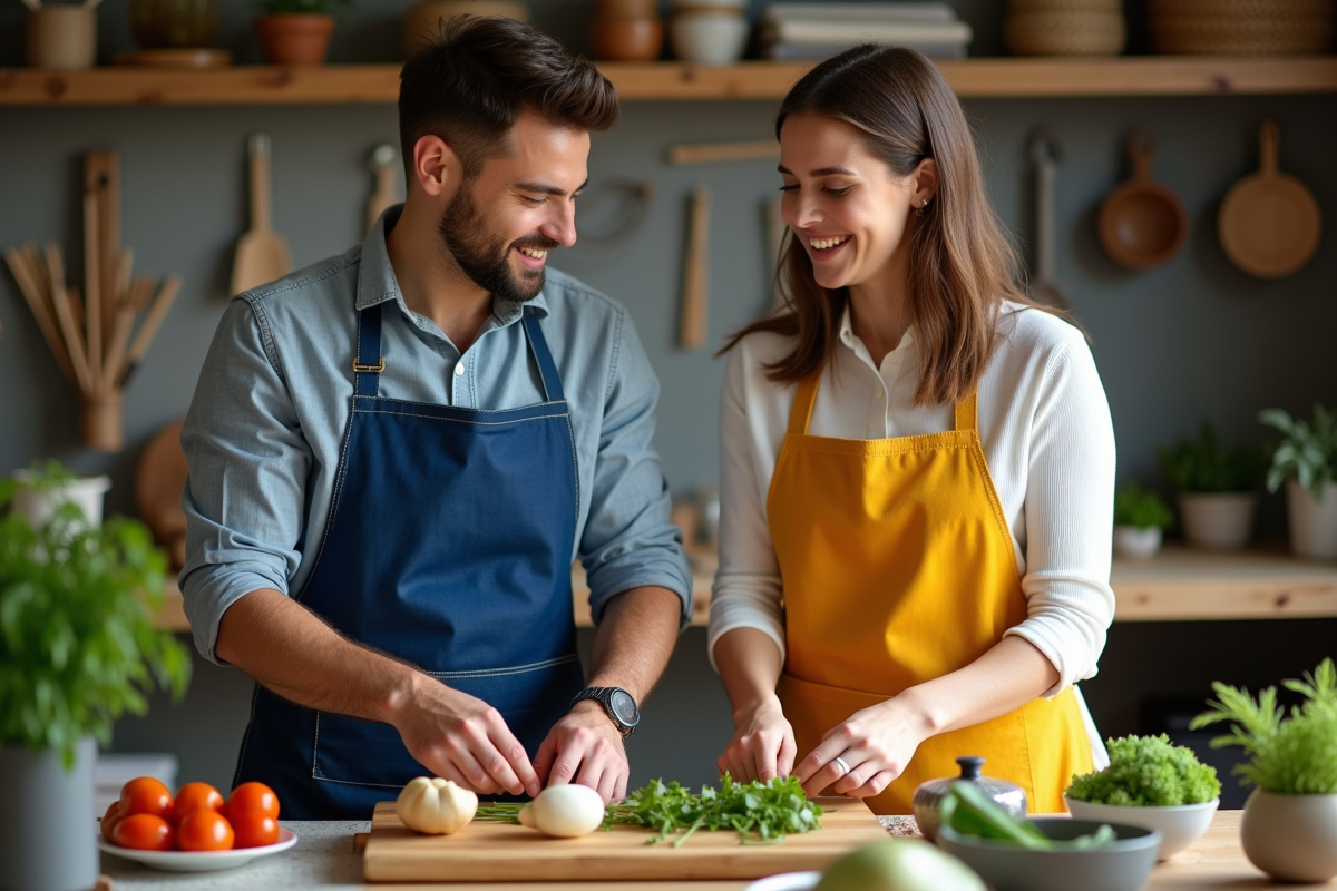 Jeune couple en tabliers préparant des légumes dans un atelier lumineux
