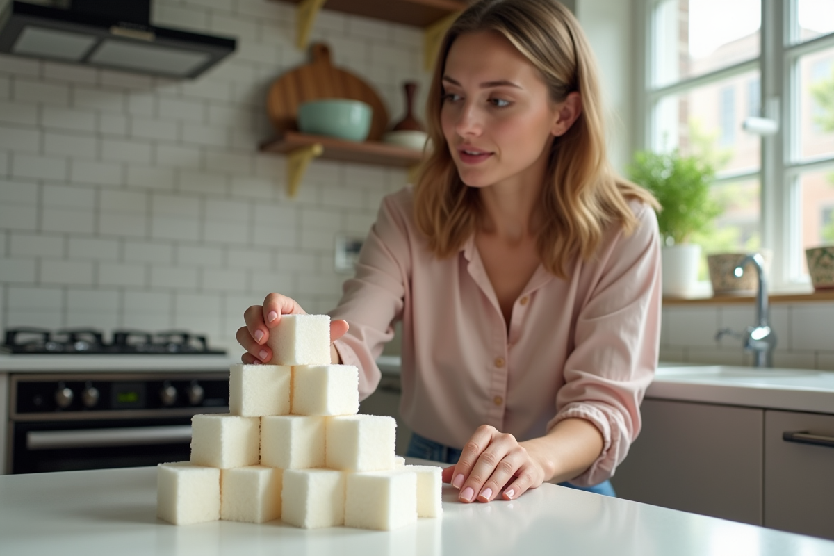 Jeune femme observant des cubes de sucre dans une cuisine moderne