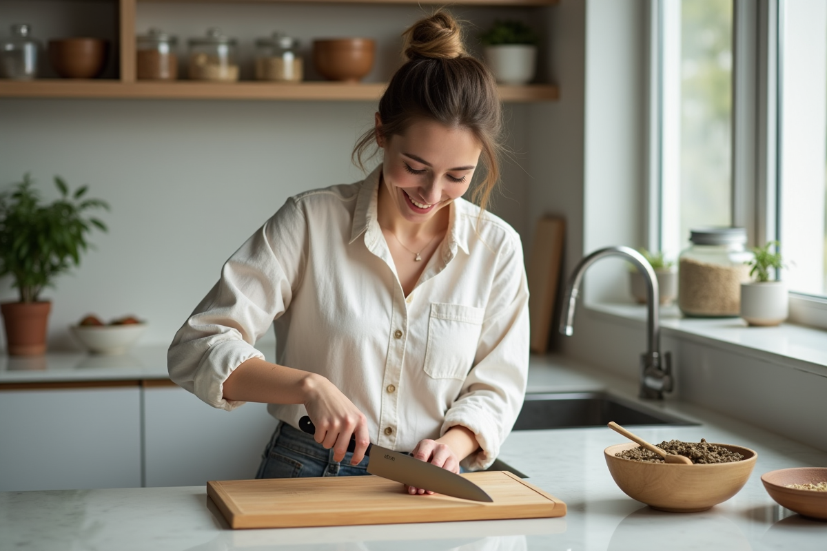 Jeune femme cuisine avec un couteau japonais dans une cuisine moderne