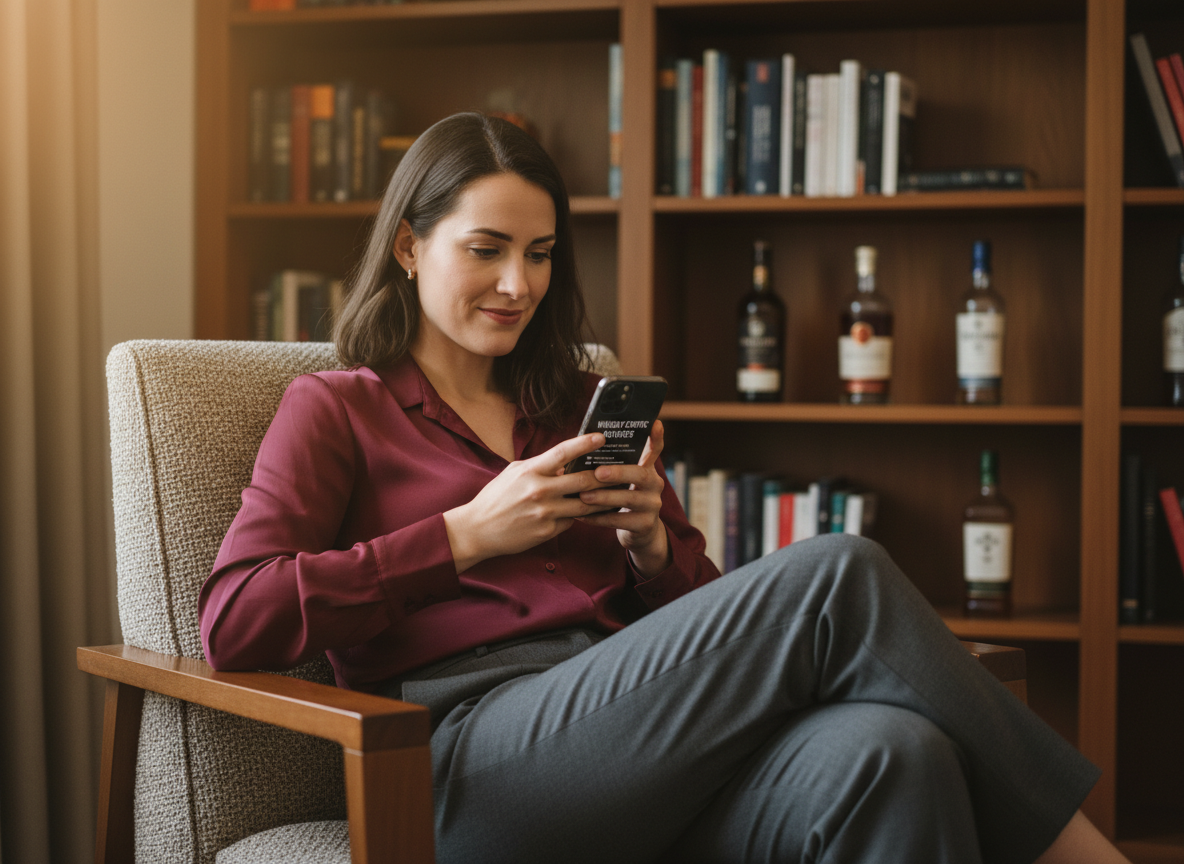 Jeune femme lisant des avis sur des whiskies sur son smartphone dans un salon