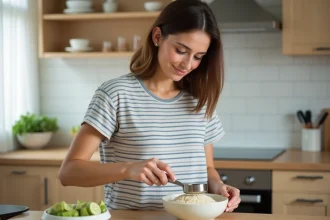 Jeune femme mesure du riz dans la cuisine chaleureuse