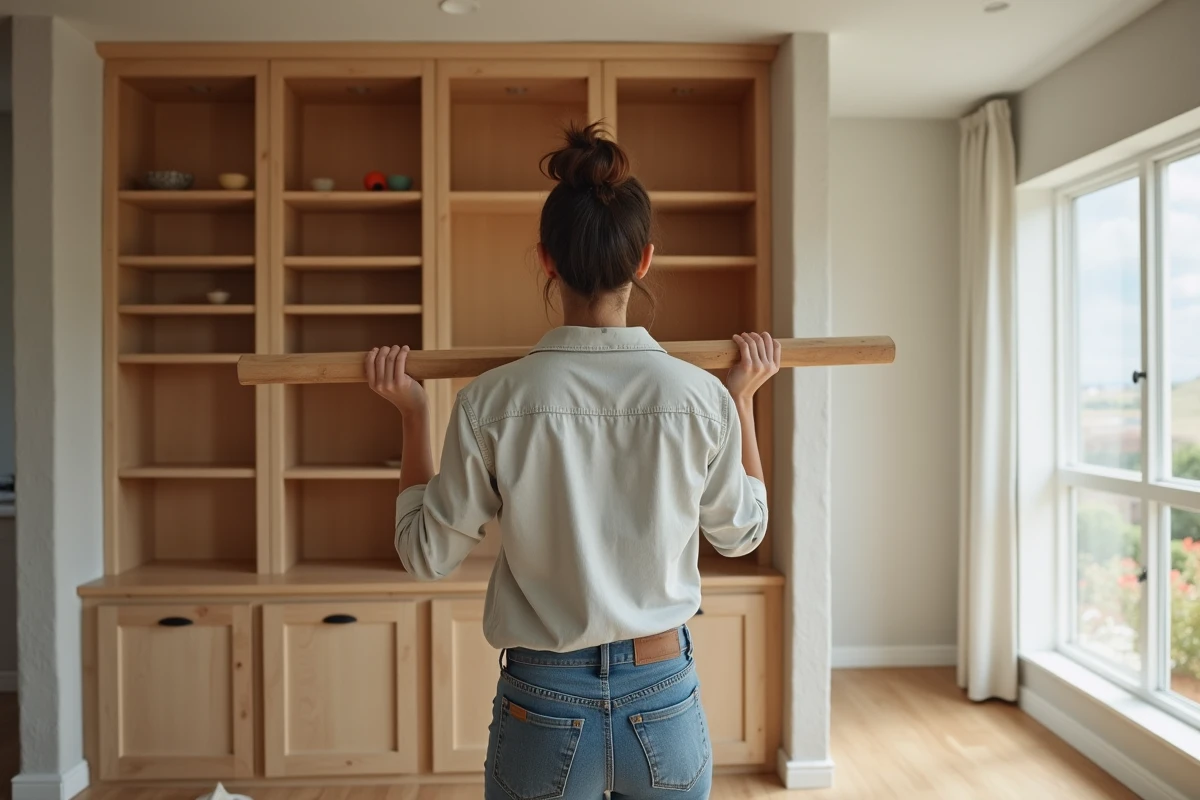 Jeune femme installe une étagère en bois dans un salon lumineux