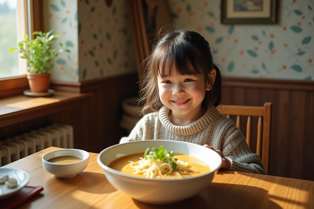 Jeune fille souriante dégustant une soupe vermicelli dans la salle à manger