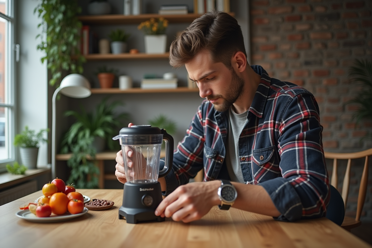 Jeune homme réparant un blender sur une table en bois