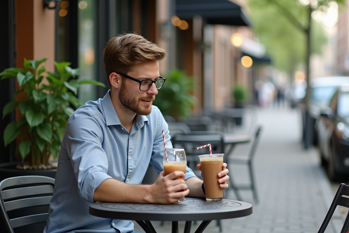 Jeune homme dégustant une boisson dans un café en extérieur