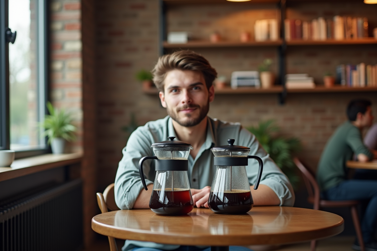 Jeune homme comparant deux cafetières françaises au café