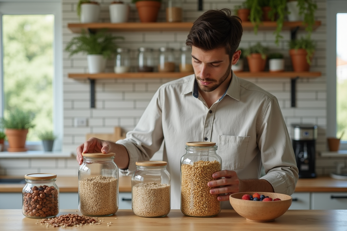 Jeune homme arrangeant bocaux de produits en cuisine écologique