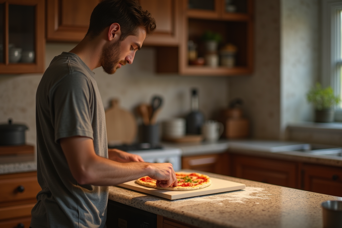 Jeune homme place pâte à pizza dans un four à bois