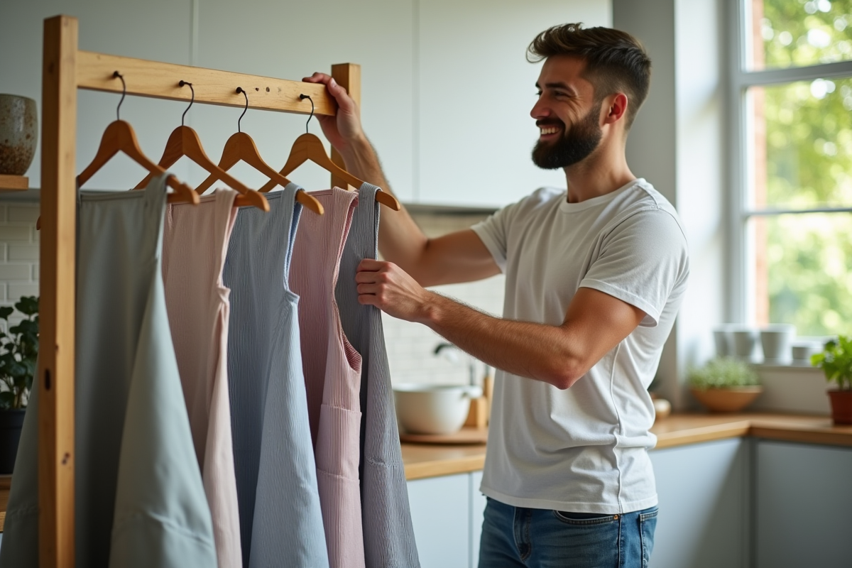 Jeune homme étendant un tablier rayé dans la cuisine lumineuse