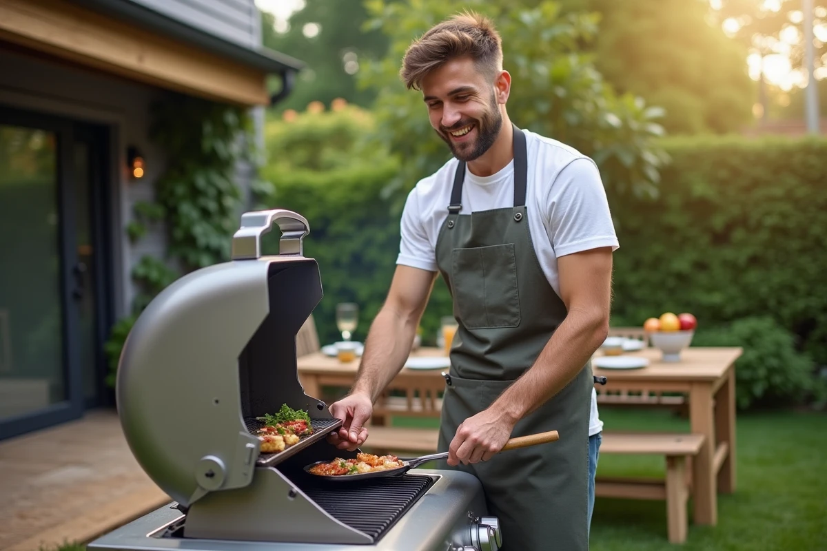 Jeune homme cuisinant sur un barbecue dans le jardin