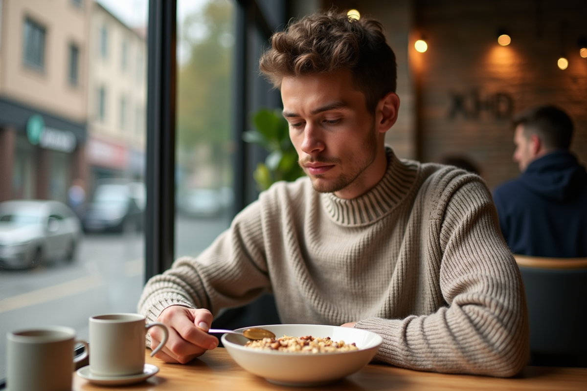 Jeune homme lisant une étiquette nutrition dans un café
