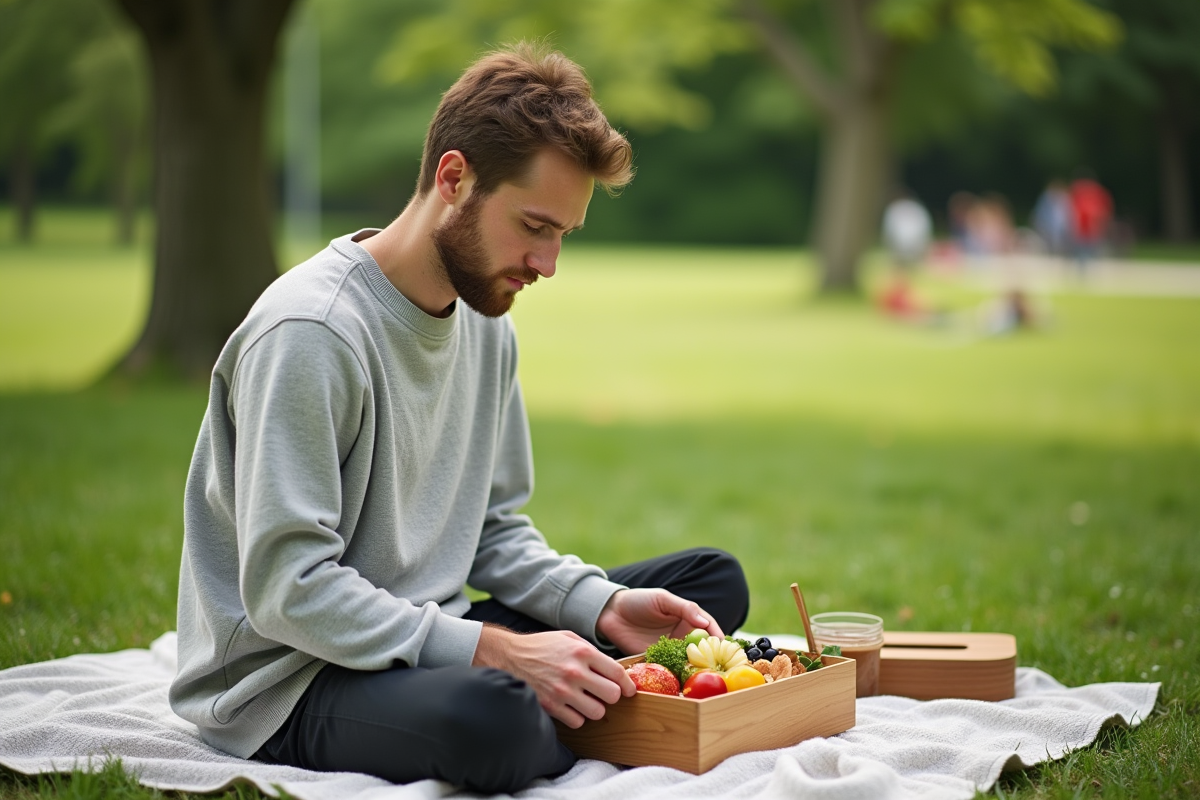 Jeune homme dans un parc préparant une lunchbox saine