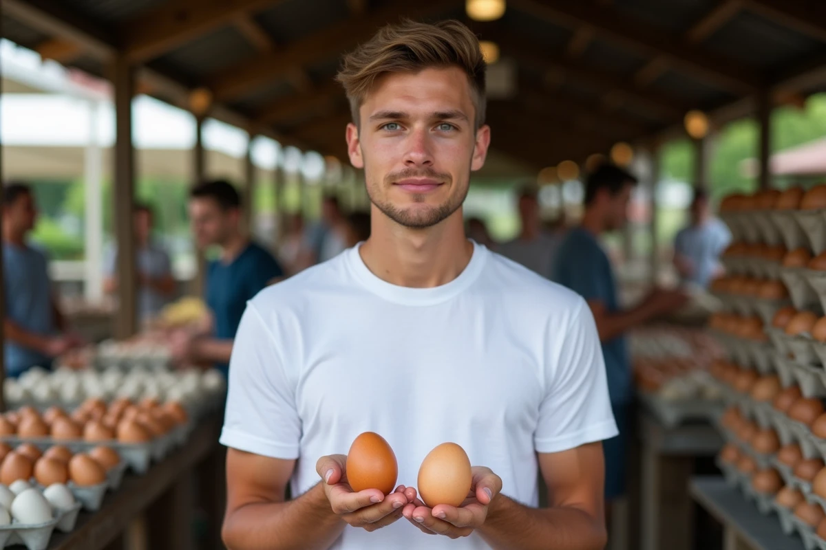 Jeune homme tenant deux œufs au marché fermier
