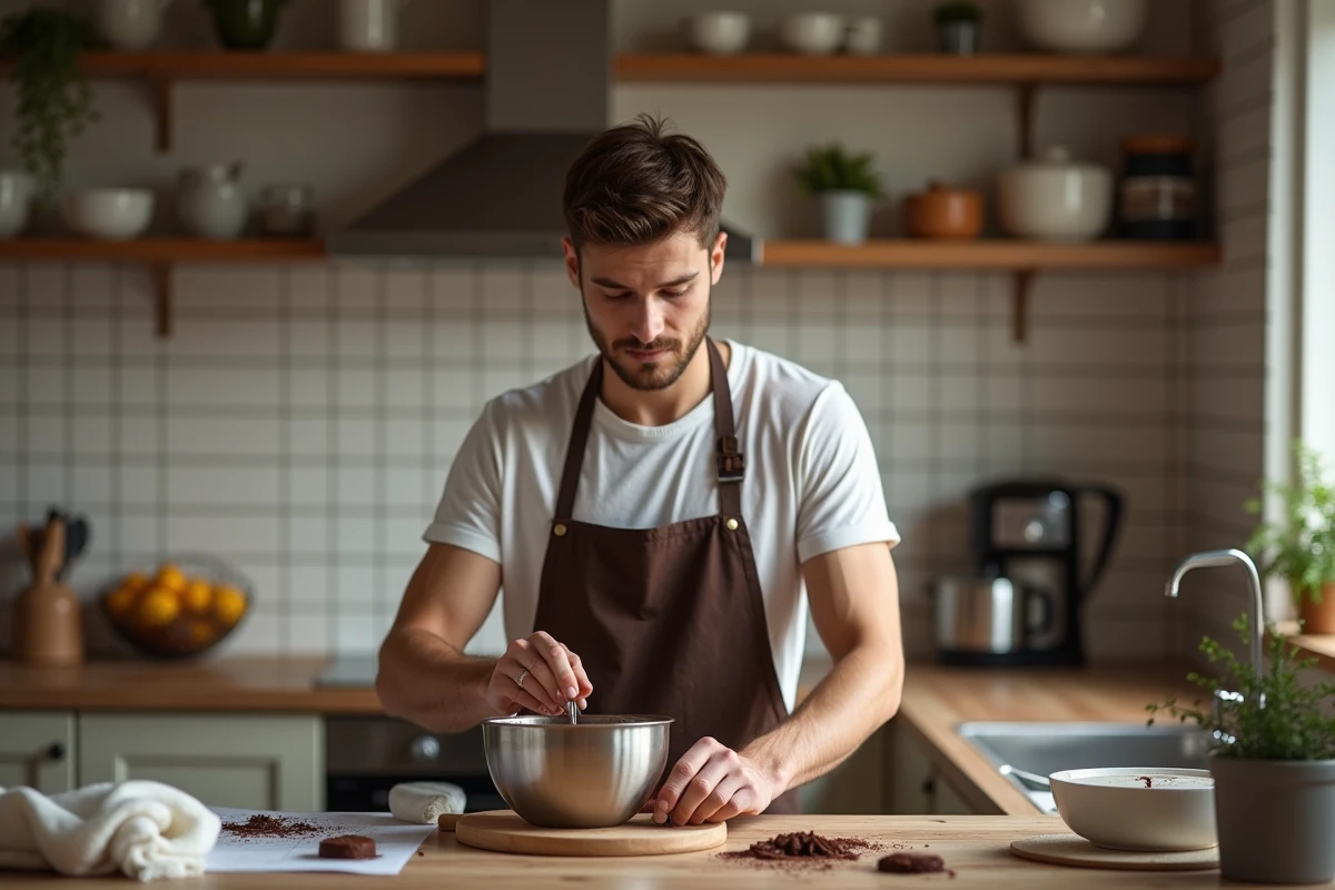 Jeune homme préparant fondant au chocolat avec un mixeur