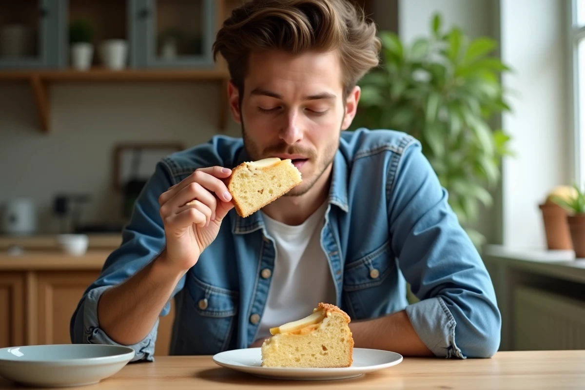Jeune homme sentant un morceau de gâteau aux pommes dans une salle lumineuse