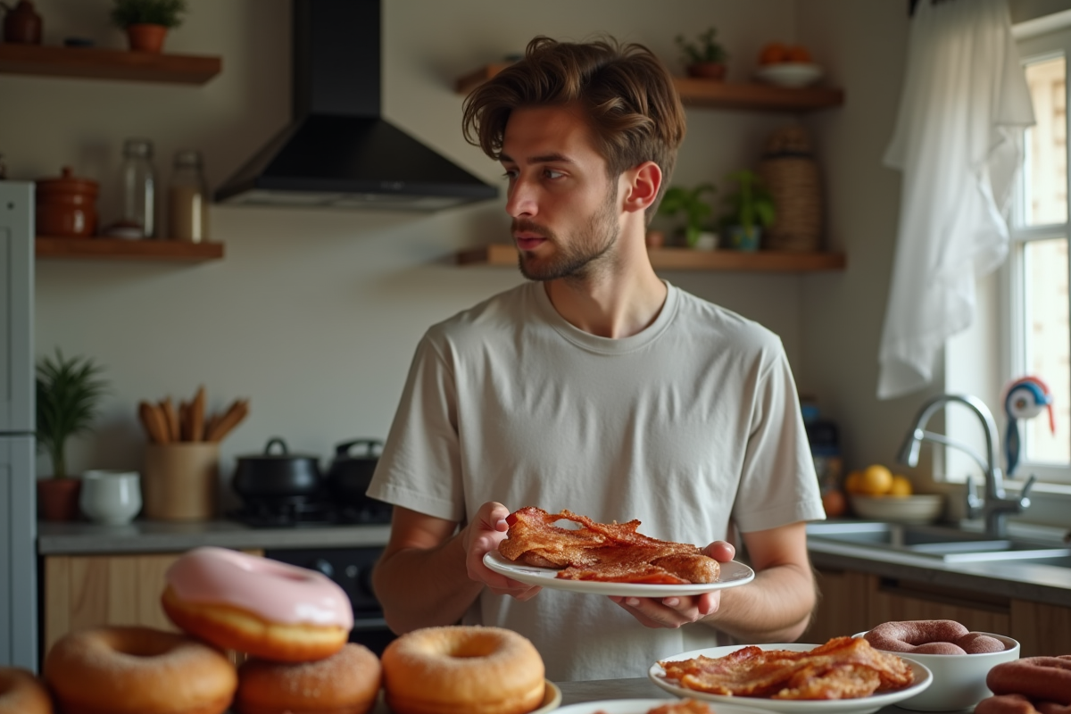 Jeune homme regardant un plateau de bacon et donuts dans la cuisine