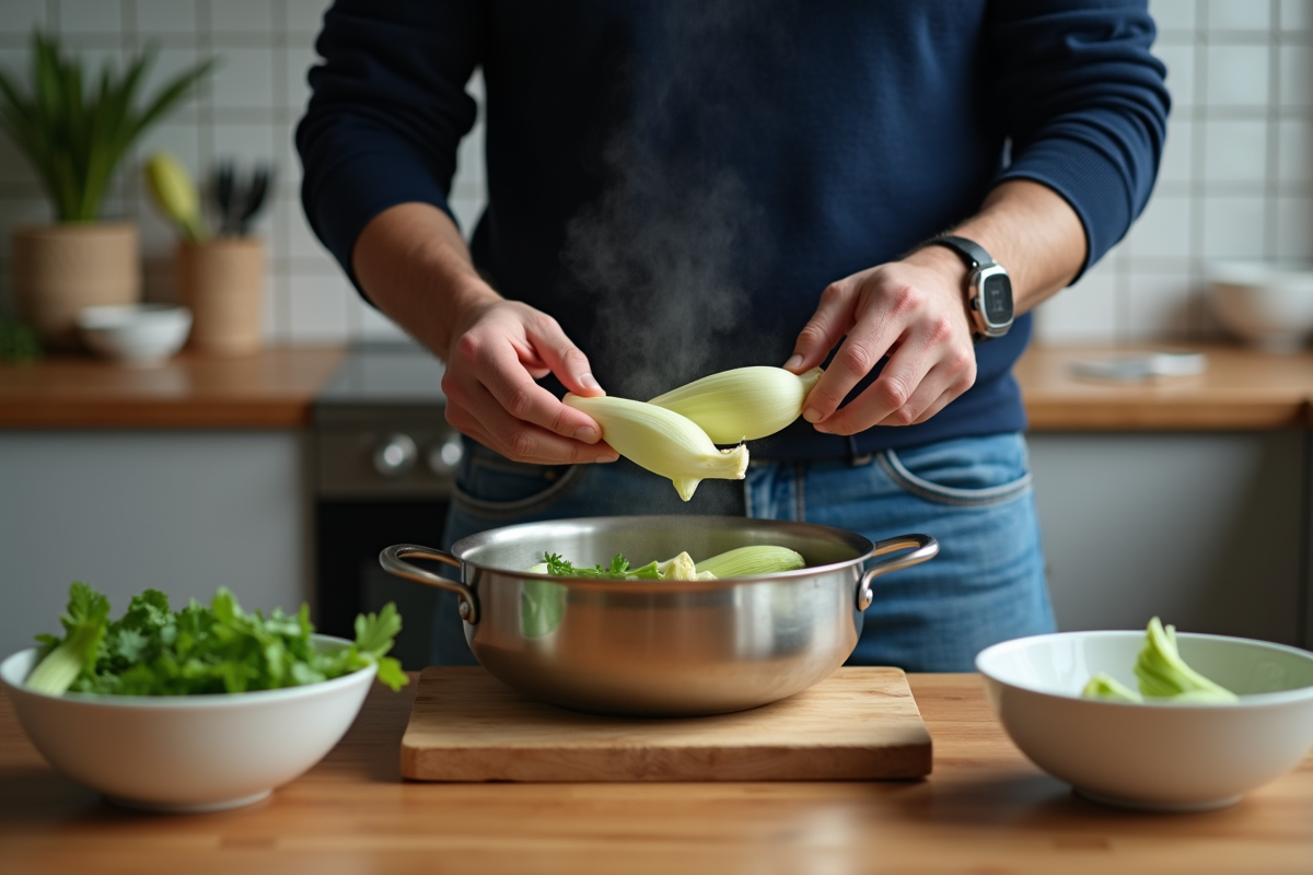 Jeune homme disposant des endives dans la cocotte