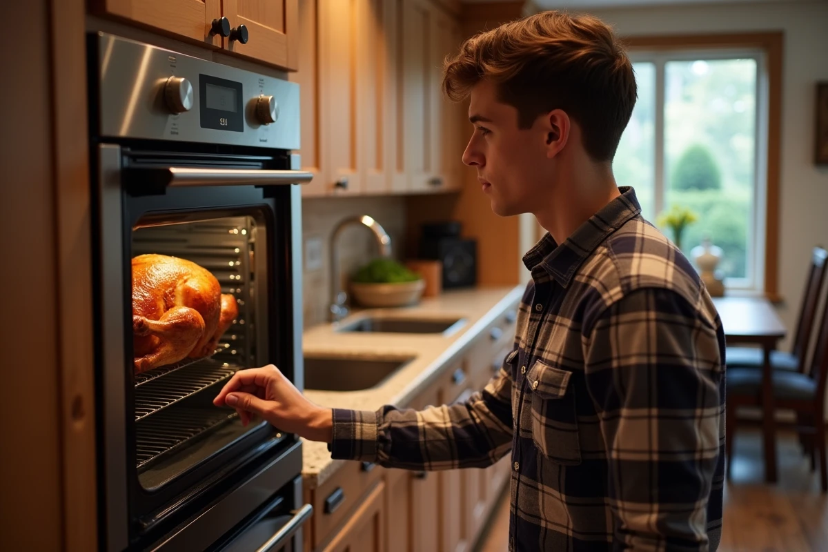 Jeune homme ajustant le four à convection avec un chapon