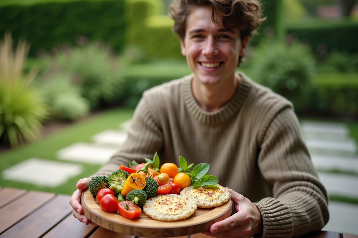 Jeune homme avec plateau de riz cakes et légumes grillés en extérieur