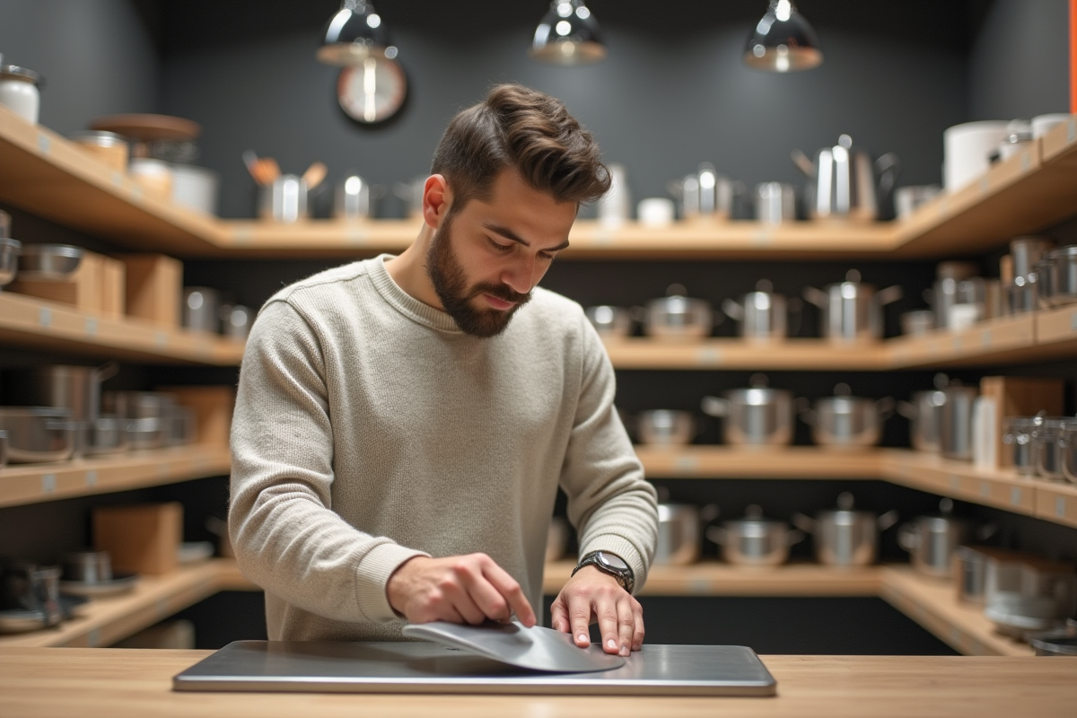 Jeune homme inspectant une planche en titanium en magasin