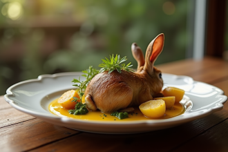 Lapin gourmet avec sauce moutarde et pommes dorées