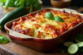 Lasagne vegetarienne aux courgettes fraîchement cuite dans un plat en céramique