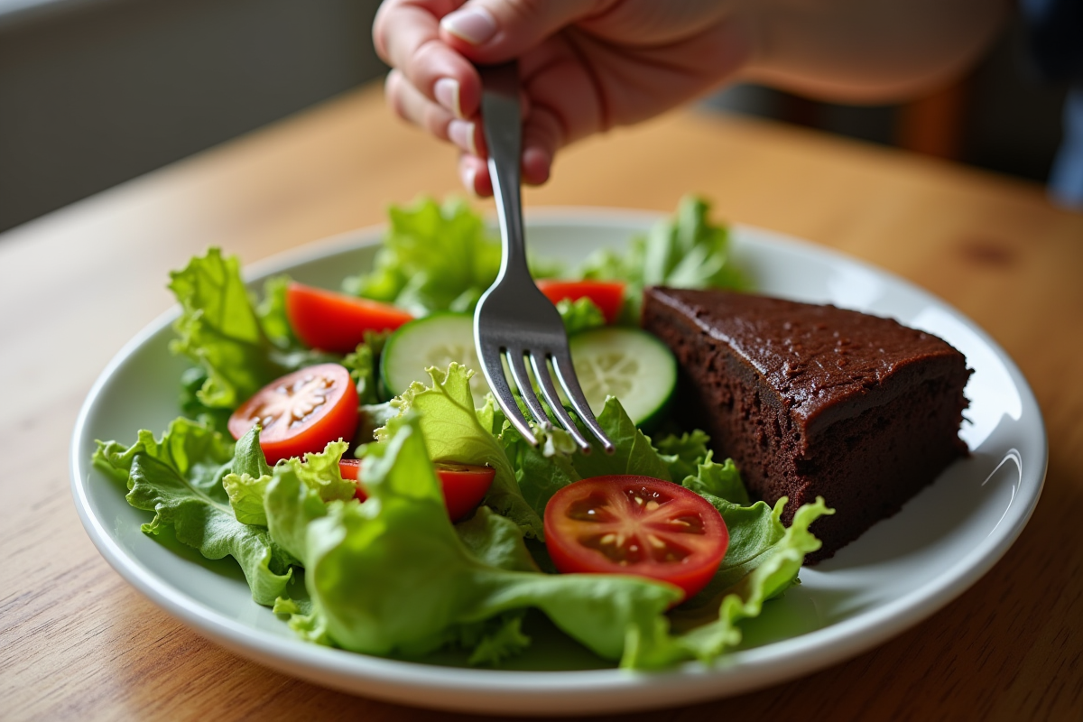 Main tenant une salade verte avec tomates cerises et concombre sur une table en bois
