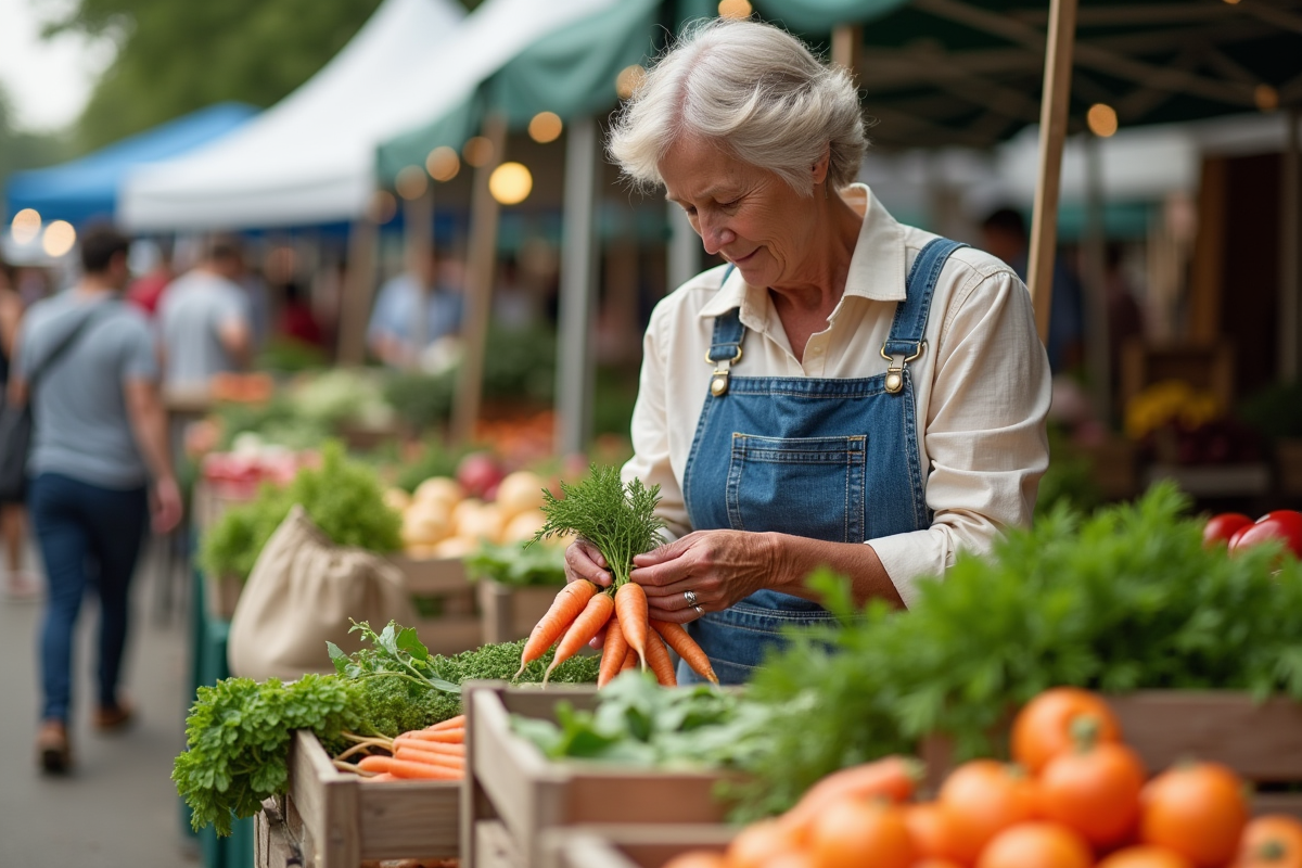 Femme en tablier en jean choisissant légumes bio au marché