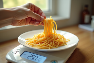 Main mesurant des spaghetti crus sur une balance numérique