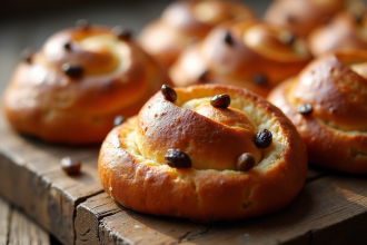 Pain aux raisins doré et croustillant sur table en bois