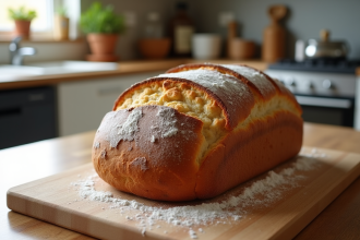 Pain artisanal frais sorti du four dans une cuisine lumineuse