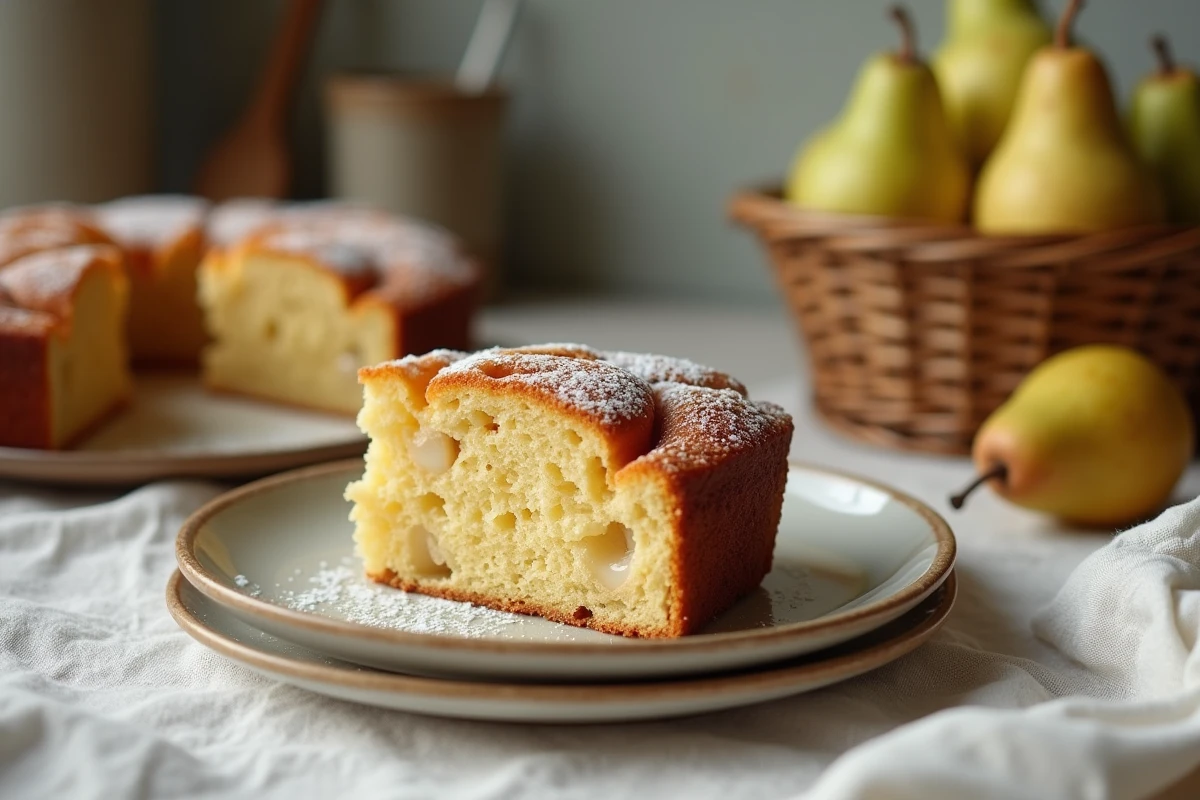Part de gâteau aux poires sur assiette avec poires fraîches