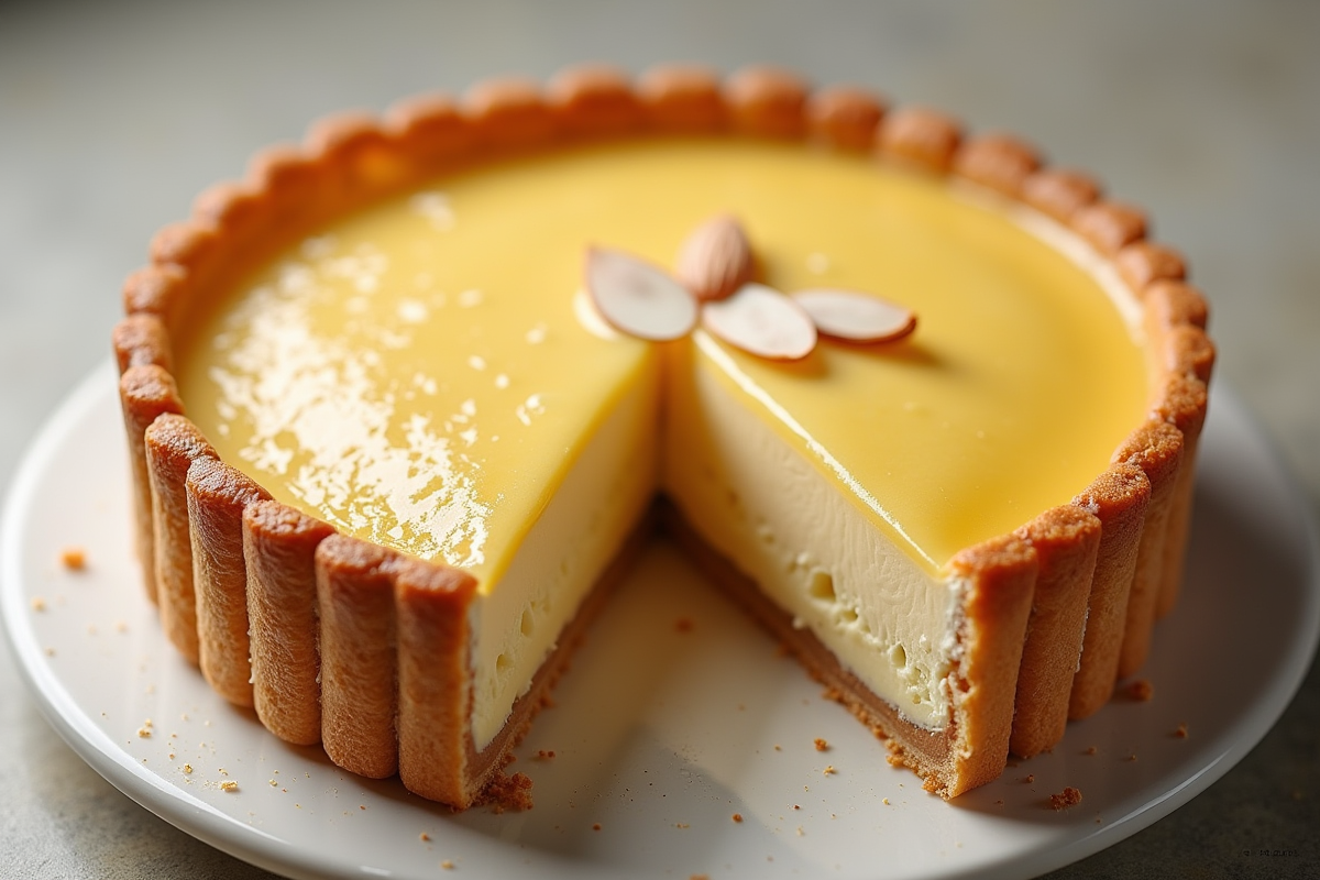 Partie coupée d une tarte aux amandes avec couches feuilletées