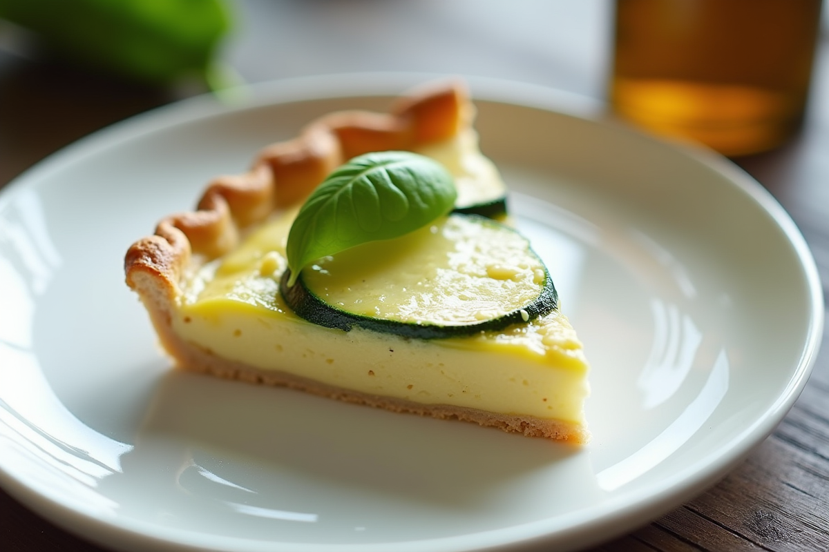 Tranche de tarte courgette chèvre sur assiette blanche