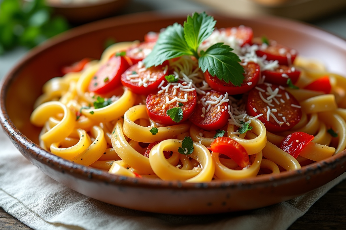 Pâtes vapeur avec chorizo et poivrons sur assiette rustique