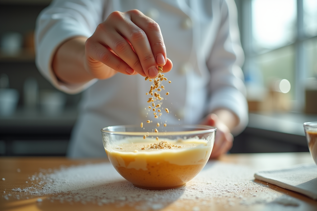 Main d’un chef saupoudrant des graines de vanille dans un bol