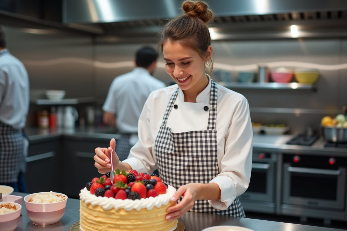 Jeune cheffe pâtissière décorant un gâteau avec des fruits frais