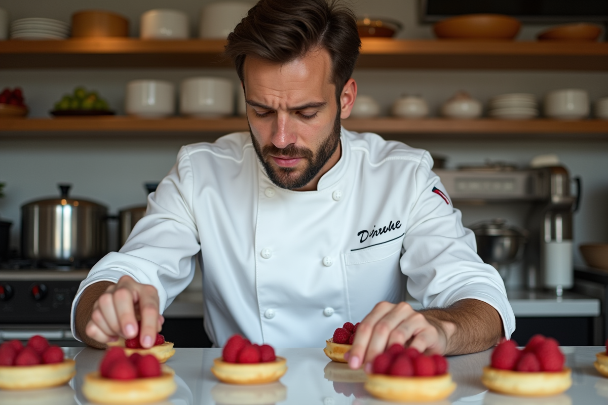 Chef pâtissier français arrangeant des pâtisseries vegan