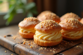 Choux pâtissiers dorés avec craquelin sur table en bois