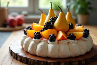 Pavlova aux fruits nashi et nectarines sous lumière naturelle