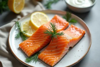 Peau de saumon croustillante au four sur assiette blanche avec aneth frais et citron, version healthy