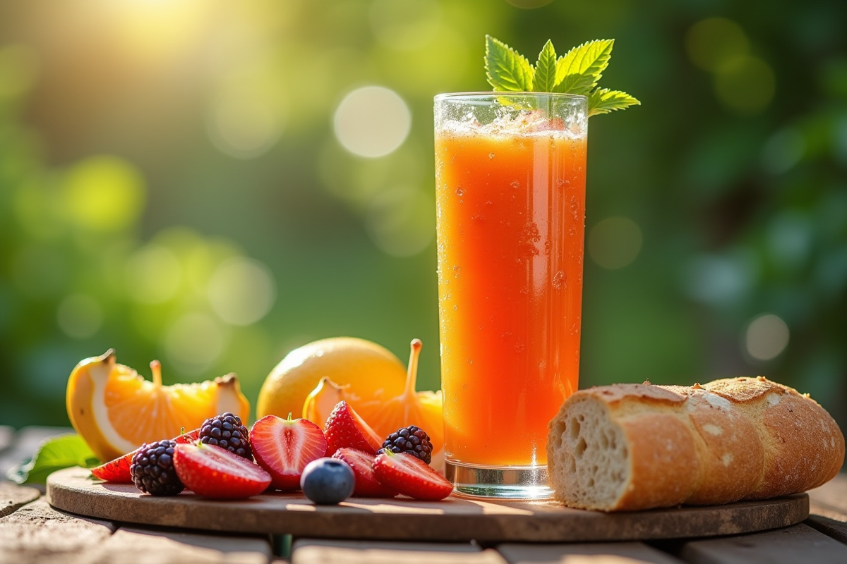 Petit déjeuner en extérieur avec smoothie zhe fruit et pain rustique