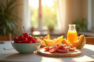 Petit-dejeuner avec cerises et melon frais près d'une fenetre