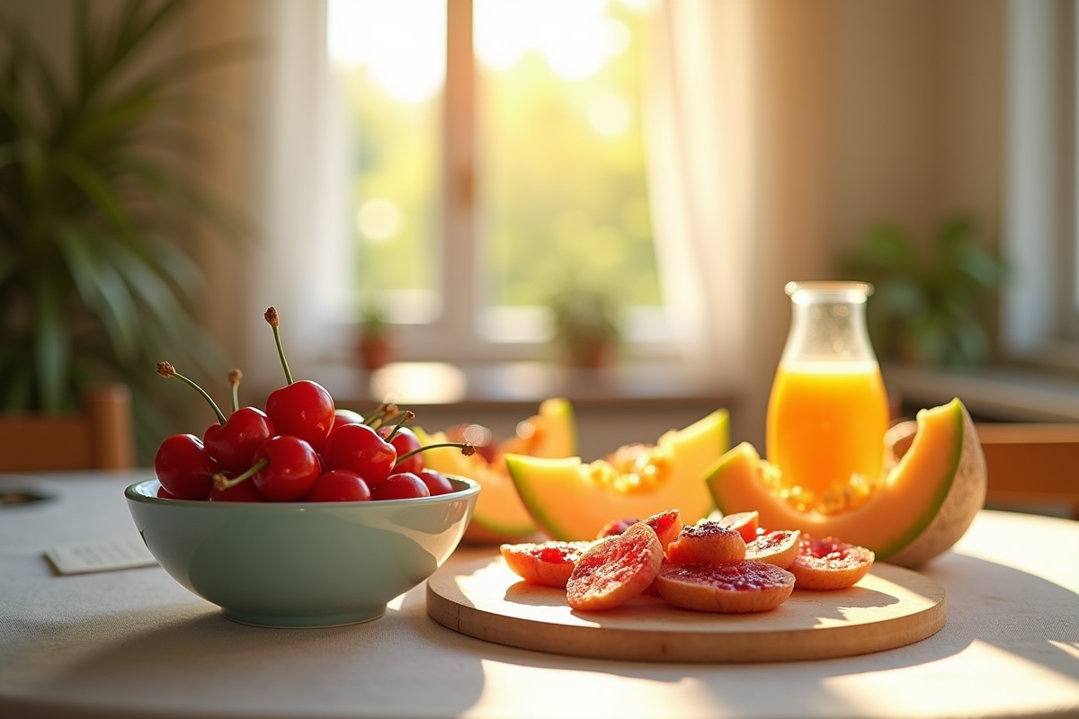 Petit-dejeuner avec cerises et melon frais près d'une fenetre
