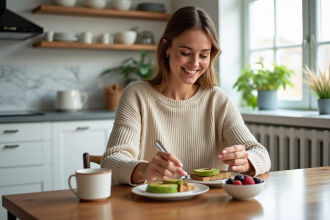Femme souriante préparant un petit déjeuner sain dans une cuisine lumineuse