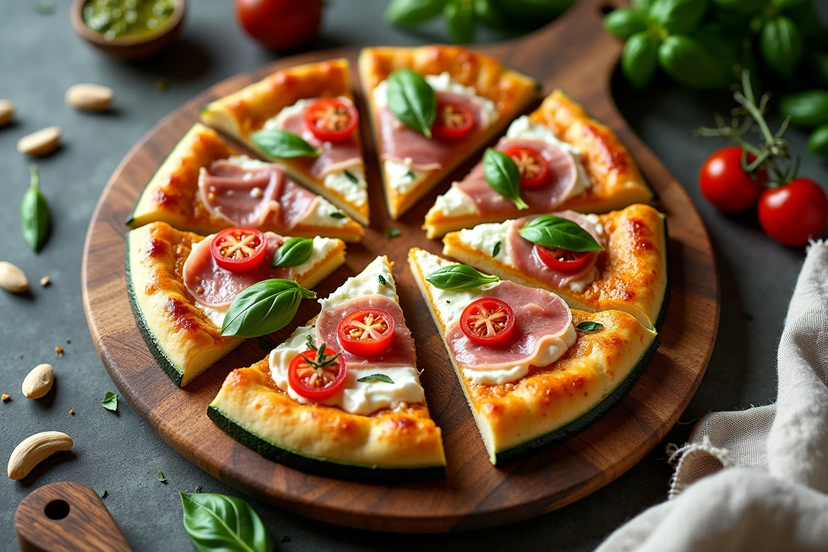 Pizza de courgette cétogène garnie de ricotta, prosciutto et tomates cerises sur une planche en bois rustique