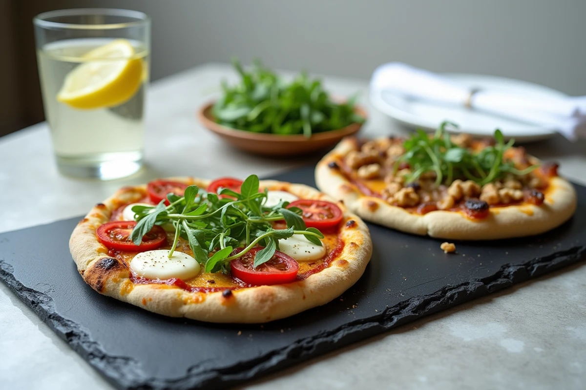 Deux pizzas cétogènes à la courgette avec garnitures variées servies sur une ardoise dans un décor minimaliste